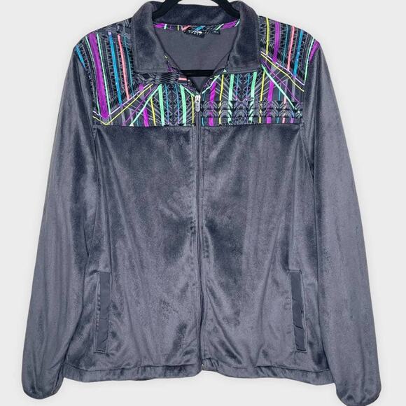 FILA gray soft cozy full zip fleece jacket w/colorful geo pattern size XL - Picture 2 of 6